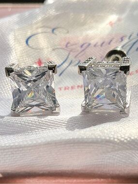 Princess Cut Simulated Diamond CZ Stud Earrings SilverTone Pavé Luxe Sparkle